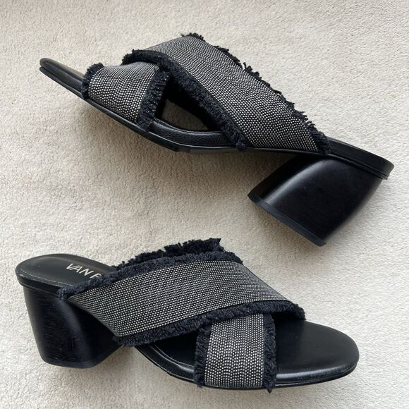 VANELi Baret Black Fringed Canvas Silver Small Studs Block Heel Sandal Women 6.5 - Picture 1 of 16